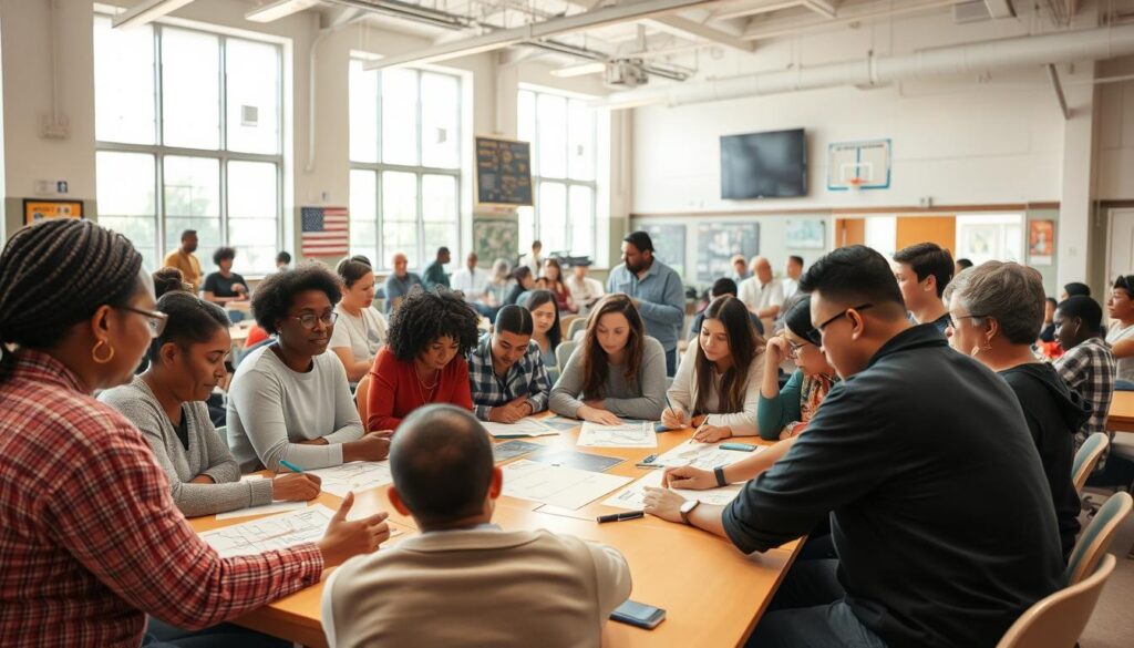 A lively community center hosts a sports equity design workshop. In the foreground, a diverse group of residents gather around a table, sketching ideas and sharing insights. Midground, architects and urban planners facilitate the discussion, guiding the participatory process. In the background, bright windows frame the scene, filling the space with natural light and a sense of openness. The mood is one of collaboration and empowerment, as the community reimagines their sports facilities to be more inclusive and accessible. A wide-angle lens captures the energy of the room, showcasing the collective effort to create equitable recreational spaces.
