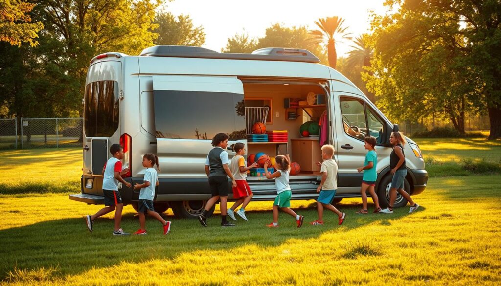 A multi-purpose van parked on a lush, verdant field, its doors open to reveal a vibrant sports equipment display. Diverse children enthusiastically engage in various athletic activities, from basketball to soccer, facilitated by attentive instructors. The scene is bathed in warm, golden lighting, conveying a sense of inclusivity and community. The van's sleek, modern design and the carefully curated equipment suggest a well-organized, accessible sports equity program, catering to the needs of underserved neighborhoods. The overall atmosphere is one of joy, empowerment, and a shared passion for physical activity.