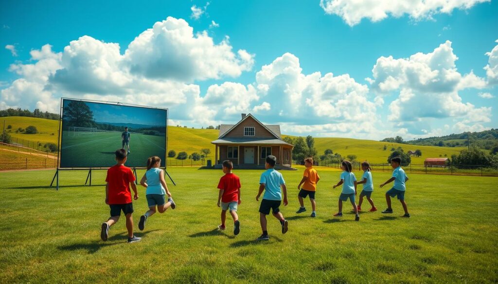 A rural schoolyard with a large grassy field. In the foreground, a group of students engaged in virtual sports training, their movements mirrored on a large projection screen. The coach, visible on the screen, provides real-time guidance and feedback. In the middle ground, a small wooden schoolhouse with a wraparound porch, surrounded by rolling hills and lush greenery. The sky is a brilliant blue, with fluffy white clouds providing a soft, natural lighting. The scene conveys a sense of community, technology-enabled learning, and the beauty of the rural landscape.