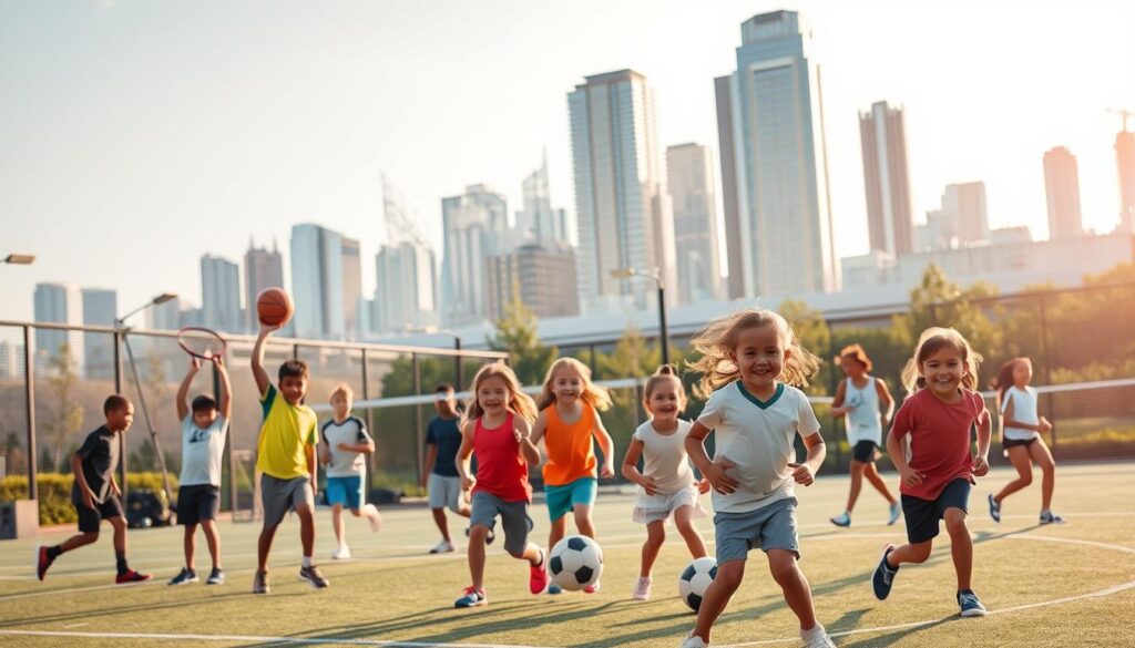 A serene outdoor setting, bathed in warm afternoon sunlight. In the foreground, a group of diverse children enthusiastically engaged in various sports activities - basketball, soccer, and tennis. The middle ground features a well-equipped sports facility, with modern infrastructure and lush greenery surrounding it. In the background, a city skyline with towering skyscrapers, conveying a sense of urban progress and opportunity. The scene exudes a spirit of inclusivity, as the children's faces radiate joy and a sense of empowerment, reflecting the positive impact of accessible sports programs enabled by grant funding.