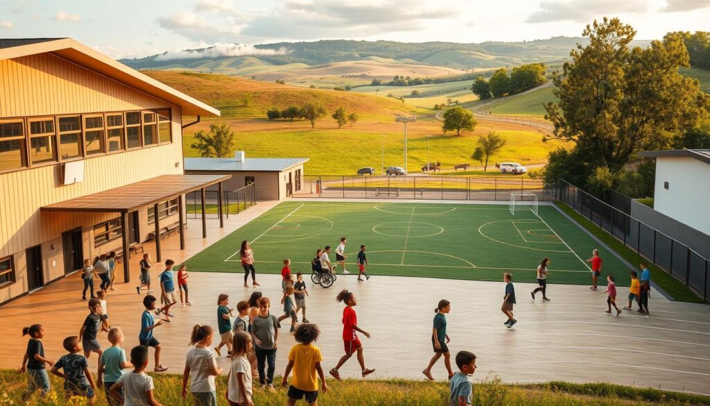 A serene rural sports complex nestled amidst rolling hills, with a well-equipped gymnasium, a full-size outdoor basketball court, and a multi-purpose field for soccer, football, and track events. Warm, natural lighting filters through the windows, casting a welcoming glow over the scene. The facilities are meticulously maintained, reflecting a commitment to equitable access and community engagement. In the foreground, a diverse group of children and teenagers enthusiastically participate in various activities, their faces alight with joy and a sense of belonging. The middle ground showcases modern, accessible infrastructure designed to cater to the needs of athletes of all abilities. In the distance, the backdrop features lush, verdant landscapes, symbolizing the harmony between the natural environment and the thriving sports hub.