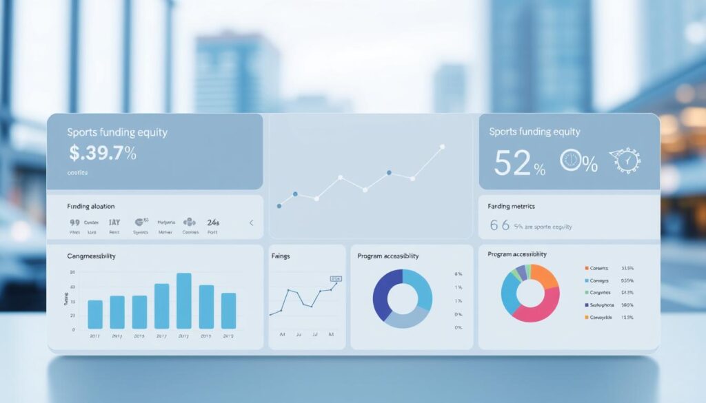 A sleek, data-driven dashboard showcasing key sports funding equity metrics. The foreground features a crisp, minimalist interface with clean visualizations - bar graphs, line charts, and pie charts - highlighting funding allocation, demographic representation, and program accessibility. The middle ground includes contextual iconography and infographic elements, subtly reinforcing the themes of fairness and inclusion. The background presents a blurred cityscape, hinting at the real-world application and community impact of these analytics. Soft, diffused lighting creates a professional, authoritative atmosphere, while a cool color palette of blues and grays conveys a sense of trust and reliability in the data presented.