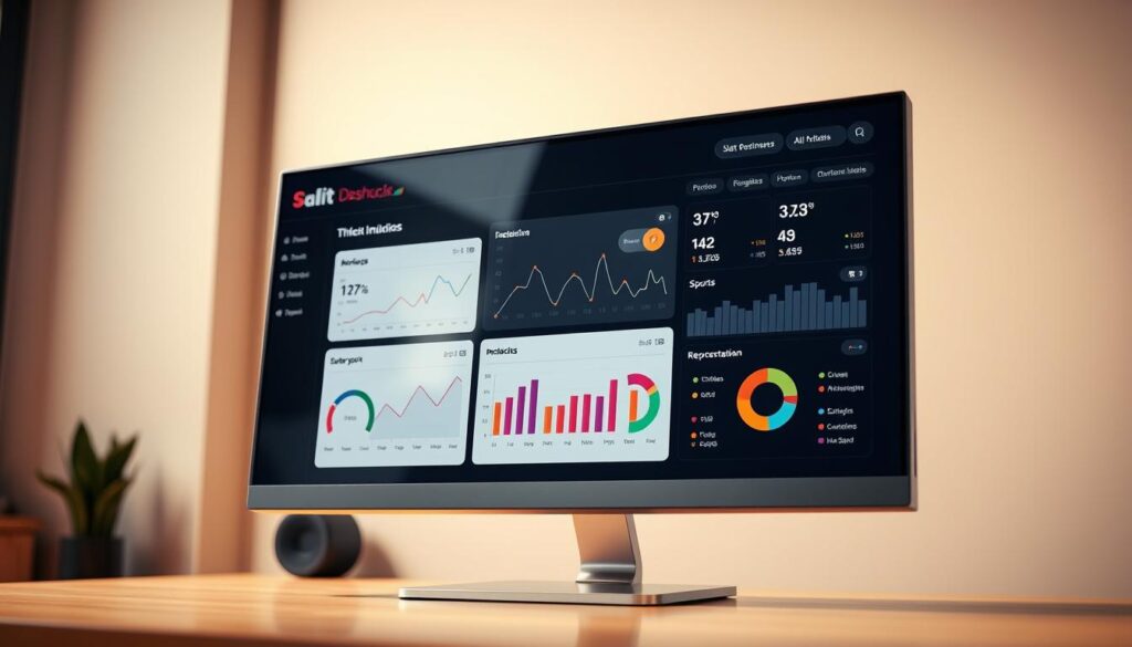 A sleek, modern dashboard displayed on a large, high-resolution computer monitor. The dashboard features a clean, minimalist design with intuitive visualizations and metrics tracking inclusion in various sports. Data charts, line graphs, and pie charts present key performance indicators related to athlete diversity, equitable participation, and representation across different sports. The dashboard is bathed in warm, soft lighting, creating a professional and analytical atmosphere. The angle showcases the dashboard in an optimal, eye-level perspective, inviting the viewer to engage with the data and insights. The background is blurred, keeping the focus solely on the informative and insightful dashboard interface.