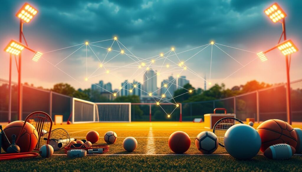 A strategic sports resource map, illuminated by warm, diffuse lighting and rendered with a photorealistic style. In the foreground, various sports equipment and facilities are depicted, representing the tangible resources available to local sports organizations. The middle ground showcases a network of connecting lines and nodes, symbolizing the collaborative strategies and partnerships that enable effective resource allocation. In the background, a city skyline or verdant landscape sets the stage, hinting at the broader community context. The overall composition conveys a sense of organization, planning, and a holistic approach to leveraging sports resources for meaningful impact.