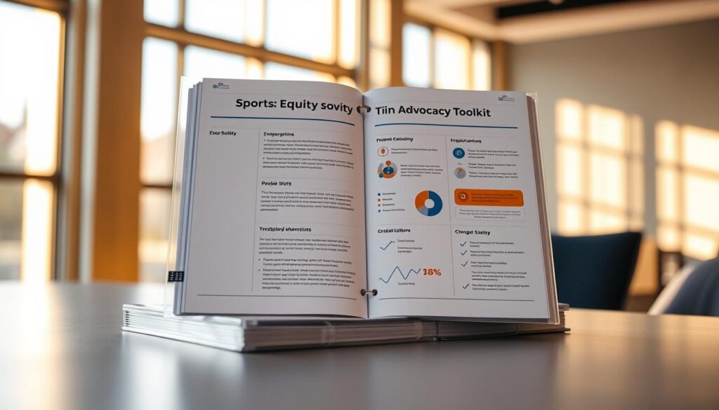 A transparent, well-organized sports equity advocacy toolkit sits on a sleek, modern desk, illuminated by warm, natural lighting filtering in through a large window. The toolkit features a clean, minimalist design with clear section dividers and infographics, conveying a sense of professionalism and accessibility. The overall mood is one of empowerment, inviting the viewer to engage with the toolkit and its content. The scene is captured from a slightly elevated angle, emphasizing the toolkit's prominence and the importance of the "Transparency in Reporting" section it represents.