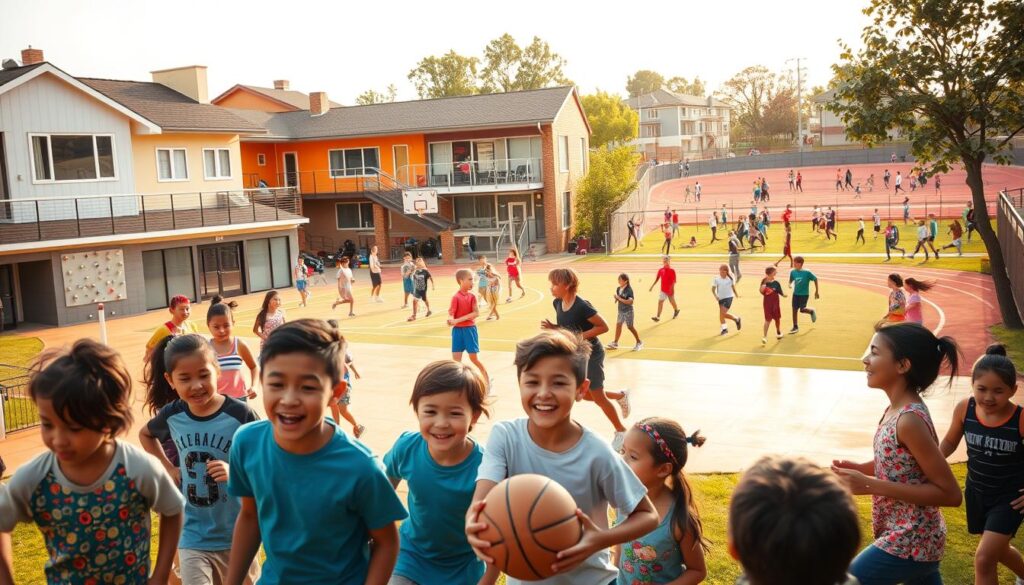 A vibrant community sports facility nestled in a diverse neighborhood. In the foreground, a group of children from various backgrounds enthusiastically engaged in a game of basketball, their laughter and energy filling the air. The middle ground showcases a modern, well-equipped gymnasium with state-of-the-art facilities, including a rock-climbing wall and a spacious workout area. The background features an outdoor track and field, where people of all ages and abilities jog, stretch, and participate in organized sports activities. The scene is bathed in warm, natural lighting, creating a welcoming and inclusive atmosphere that celebrates the diversity and accessibility of the community's shared recreational spaces.