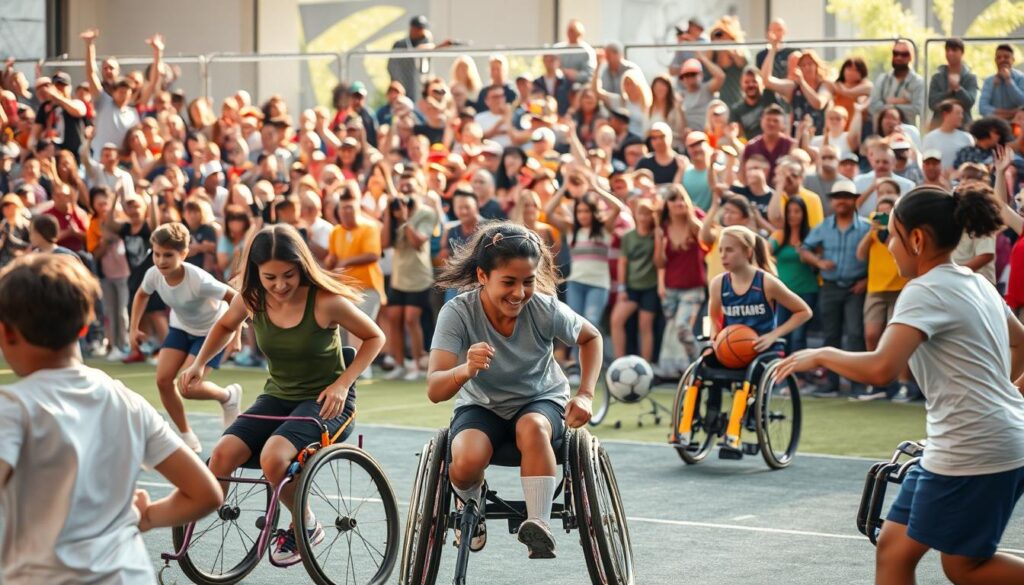 A vibrant, dynamic scene showcasing universal sports strategies for inclusive community. In the foreground, athletes with diverse abilities engage in various sports, their movements captured with a crisp, photographic lens. The middle ground features inclusive sports equipment and adaptations, seamlessly integrated into the scene. In the background, a diverse crowd cheers enthusiastically, creating an atmosphere of unity and celebration. The lighting is warm and natural, casting a glow over the entire composition. The overall mood is one of joy, empowerment, and a shared passion for sports that transcends physical limitations.