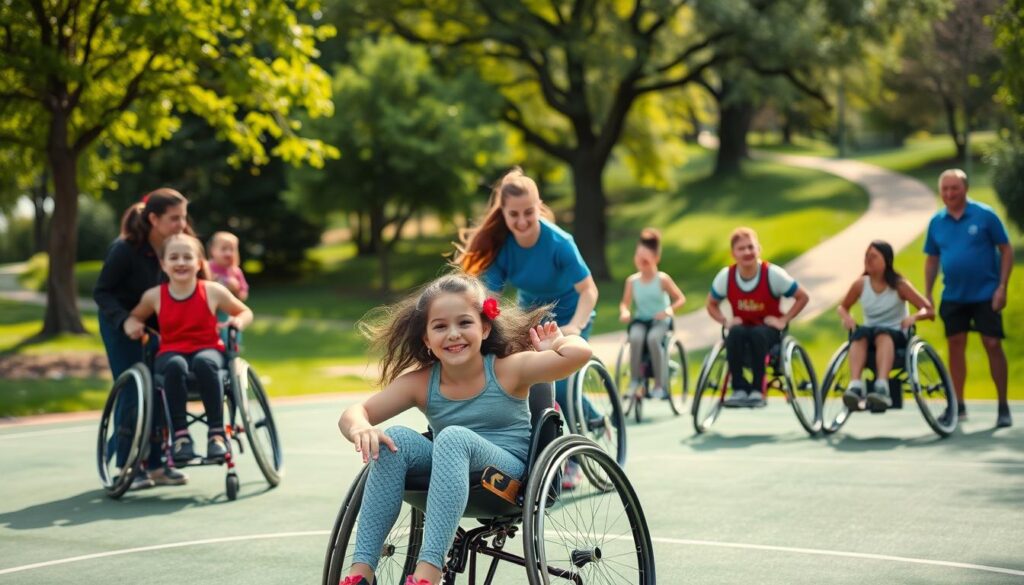 A vibrant, inclusive sports program set in a lush, verdant park. The foreground features a group of diverse athletes - a young girl in a wheelchair, a transgender youth, and others with visible and invisible disabilities - enthusiastically participating in a game of wheelchair basketball. Mid-ground shows coaches and volunteers guiding and encouraging the players, fostering an atmosphere of empowerment and camaraderie. The background depicts the park's scenic landscape, with trees, a winding path, and sunlight filtering through, creating a warm, welcoming ambiance. The lighting is soft and natural, capturing the joy and energy of the scene. The camera angle is slightly elevated, providing a panoramic view that showcases the inclusive nature of the program.