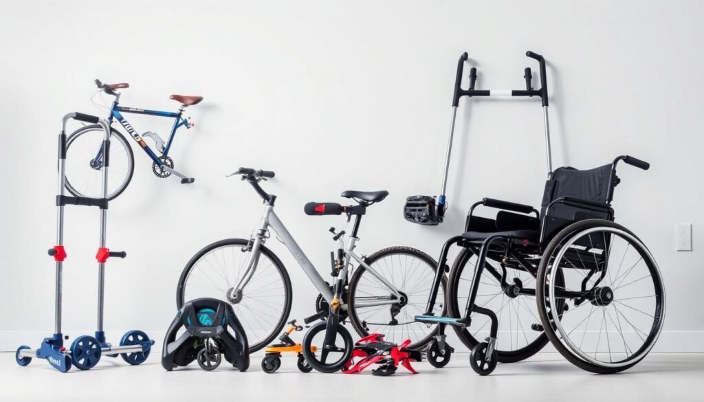 A well-lit, high-resolution photograph of an assortment of adaptive sports equipment, arranged in a clean, organized manner against a plain, neutral background. The equipment includes a wheelchair with specialized attachments, a hand-crank bicycle, a multi-position walker, and other specialized gear designed to enable people with physical disabilities to participate in a variety of recreational activities. The lighting is soft and diffused, highlighting the details and functionality of the equipment. The overall impression is one of accessibility, innovation, and a commitment to fostering an inclusive and empowering environment for athletes of all abilities.