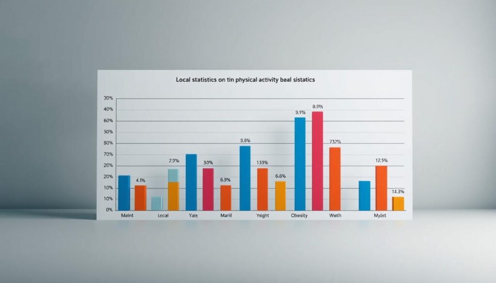 A detailed bar graph depicting local statistics on physical activity and obesity rates, set against a muted background of geometric shapes and subtle gradients. The graph presents clear, easy-to-read data, with distinct bar segments and a clean, professional design. The lighting is soft and diffused, creating a sense of clarity and objectivity. The camera angle is positioned to provide an unobstructed view of the information, with a slight tilt to add visual interest. The overall mood is informative and data-driven, reflecting the importance of understanding local health disparities.