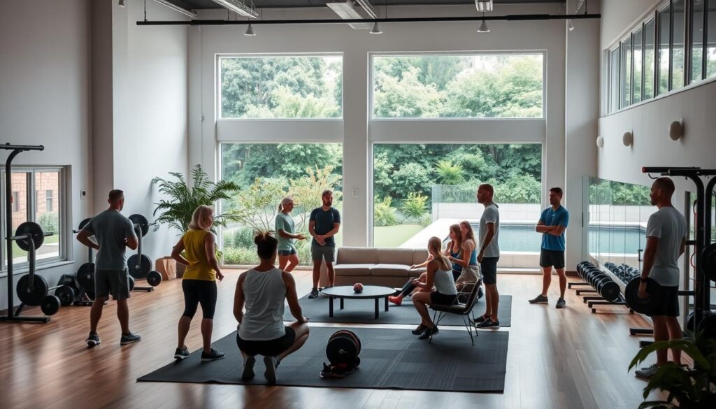 A serene, well-equipped sports facility, with natural light streaming through large windows. In the foreground, athletes engage in various activities - weightlifting, stretching, and mindfulness exercises - surrounded by supportive coaches and mental health professionals. The middle ground features a cozy lounge area with comfortable seating, where athletes can rest, reflect, and engage in group discussions. In the background, lush greenery and a calming water feature create a soothing, nature-inspired atmosphere. Soft, warm lighting sets the mood, conveying a sense of safety, understanding, and mental well-being. A serene, well-equipped sports facility, with natural light streaming through large windows. In the foreground, athletes engage in various activities - weightlifting, stretching, and mindfulness exercises - surrounded by supportive coaches and mental health professionals. The middle ground features a cozy lounge area with comfortable seating, where athletes can rest, reflect, and engage in group discussions. In the background, lush greenery and a calming water feature create a soothing, nature-inspired atmosphere. Soft, warm lighting sets the mood, conveying a sense of safety, understanding, and mental well-being.