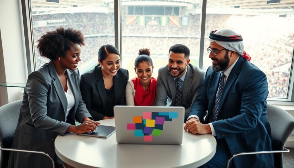 A collaborative scene depicting a diverse group of professional individuals engaged in a discussion about partnership strategies for fostering diversity in sports leadership. In the foreground, a mixed-gender team of five diverse professionals—two Black women, one Hispanic man, one Asian woman, and one Middle-Eastern man—are seated around a round table, reviewing a colorful presentation on a laptop. In the middle ground, a large window showcases a vibrant sports venue filled with fans, symbolizing community engagement. Soft, natural lighting illuminates the space, creating an uplifting atmosphere. The image is captured from a slightly elevated angle to provide a clear view of the team dynamic, conveying a sense of teamwork, collaboration, and strategic planning for diversity in leadership.