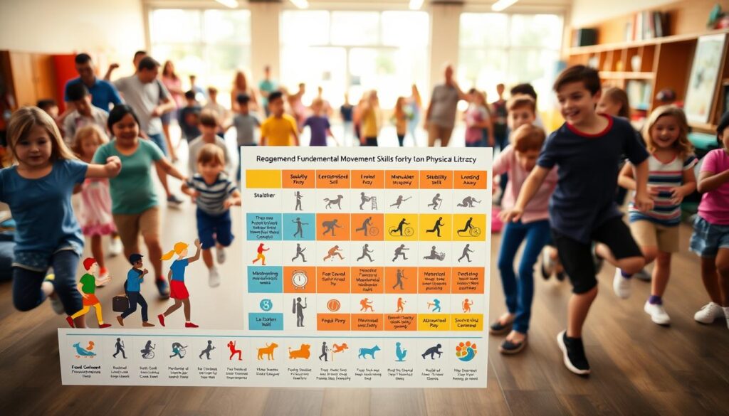 A detailed, colorful chart depicting the development of fundamental movement skills for physical literacy. In the foreground, a series of stylized figures demonstrate various locomotor, manipulative, and stability skills at different skill levels, from beginner to advanced. The middle ground features a grid-like layout with icons representing each skill category. The background showcases a vibrant, energetic scene with people of diverse ages and abilities engaging in a variety of physical activities. Warm, natural lighting highlights the dynamic movement and joyful atmosphere. Captured with a wide-angle lens to convey a sense of inclusivity and community.