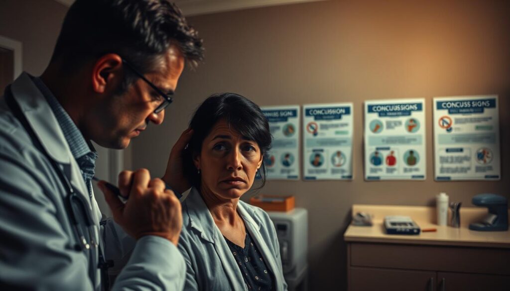 A dimly lit medical office setting. In the foreground, a doctor examines a patient, performing neurological tests to assess symptoms of a suspected concussion - dizziness, headache, and disorientation. The patient's expression conveys confusion and concern. In the middle ground, informational posters on the walls depict common concussion warning signs. The background has muted tones, with medical equipment and supplies suggesting a clinical environment focused on diagnosis and treatment. Warm, directional lighting casts subtle shadows, creating a pensive, introspective mood to reflect the seriousness of the situation.