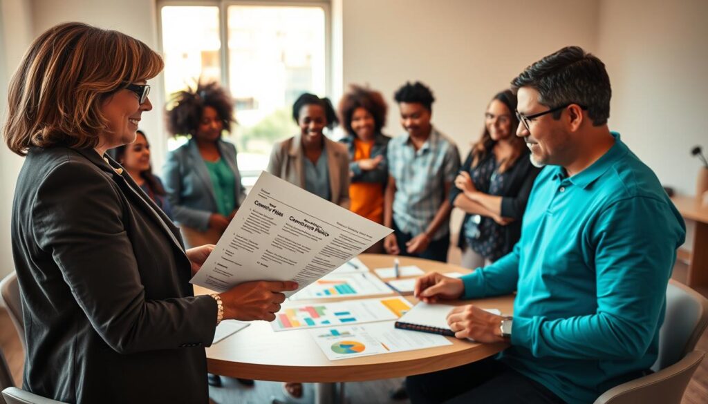 A diverse group of community leaders engaged in a collaborative discussion about sports policies. In the foreground, a middle-aged woman in a professional blazer is reviewing a document with clear outlines of community rules and due process. Beside her, a young man in smart casual attire is taking notes on a notepad. The middle ground features a large round table adorned with colorful charts and policy drafts, symbolizing inclusivity and unity. In the background, a well-lit meeting room with a window displaying a sunny day outside creates a warm and inviting atmosphere. Soft, diffused lighting enhances the scene, giving it a vibrant and optimistic feel, while a wide-angle perspective captures the sense of teamwork and openness in the room.