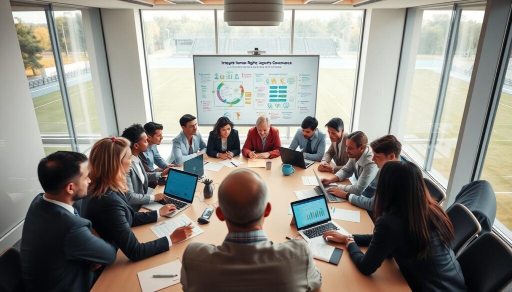 A diverse group of community sports policy stakeholders gathered around a large table, engaged in a collaborative meeting. The foreground features individuals of varying ages and ethnicities in professional business attire, discussing documents and laptop screens with a focus on policy creation. In the middle, a large whiteboard displays vibrant diagrams and key points about integrating human rights in sports governance. The background shows a bright, well-lit conference room with large windows overlooking a sports field, creating an inviting atmosphere. Soft natural lighting enhances the mood of teamwork and enthusiasm. The angle captures an overhead perspective, emphasizing the unity and engagement of the stakeholders in this important discussion.
