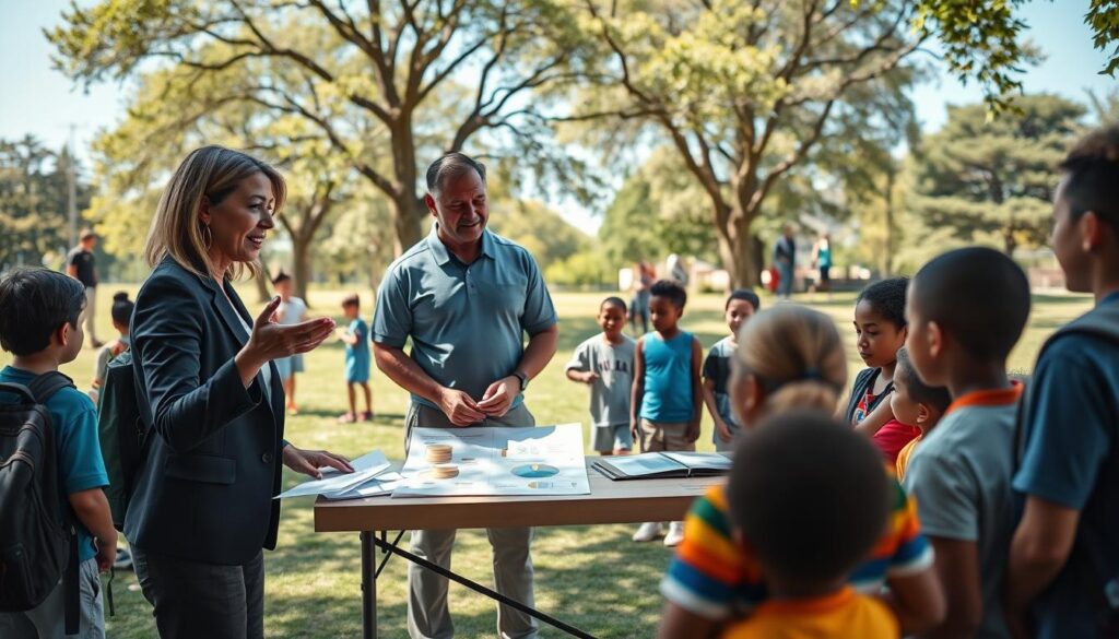 A diverse group of community stakeholders engaged in a collaborative discussion about sports involvement, depicted in a bright and open park setting. In the foreground, a professional woman in business attire is gesturing enthusiastically, while a middle-aged man in a polo shirt takes notes. In the middle, a table is set up with documents and charts illustrating community engagement strategies. Surrounding them are children playing soccer and bystanders observing the meeting, emphasizing a sense of community. The background features trees and a clear blue sky, enhancing the bright and hopeful atmosphere. Soft natural lighting creates a warm and inviting mood, shot from a slightly elevated angle to capture the interactions and the engaging environment.