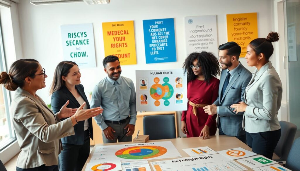 A diverse group of five individuals in professional business attire, representing various ethnicities and genders, are engaged in a dynamic discussion around a large table covered with policy documents and colorful charts symbolizing equality. In the foreground, a woman gestures emphatically, illustrating a point about human rights integration. In the middle ground, a man takes notes, while a seated person points to a chart displaying interconnected rights and community values. The background features a bright, modern office with motivational posters about inclusivity. Soft, natural lighting floods the room, enhancing the collaborative atmosphere. The camera angle is slightly above eye level, providing a comprehensive view of the group’s engagement. The mood is focused yet optimistic, emphasizing the importance of rights in community policy.