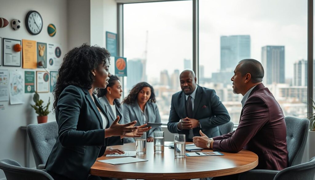 A dynamic scene depicting a diverse group of professionals engaged in a spirited discussion around a round table in a modern sports governance office. In the foreground, a Black woman in a sharp business suit passionately presents ideas, while a middle-aged White man thoughtfully listens, leaning forward. The middle layer showcases an assortment of sports memorabilia and charts on walls, illustrating the importance of human rights in governance. In the background, a large window reveals an urban skyline, underscoring the community's connection to sports. Soft, natural light filters in, creating an inviting atmosphere. The mood is one of collaboration and determination, reflecting the theme of overcoming resistance within the realm of sports governance. Use a slightly elevated angle to emphasize the collaborative spirit of the group.