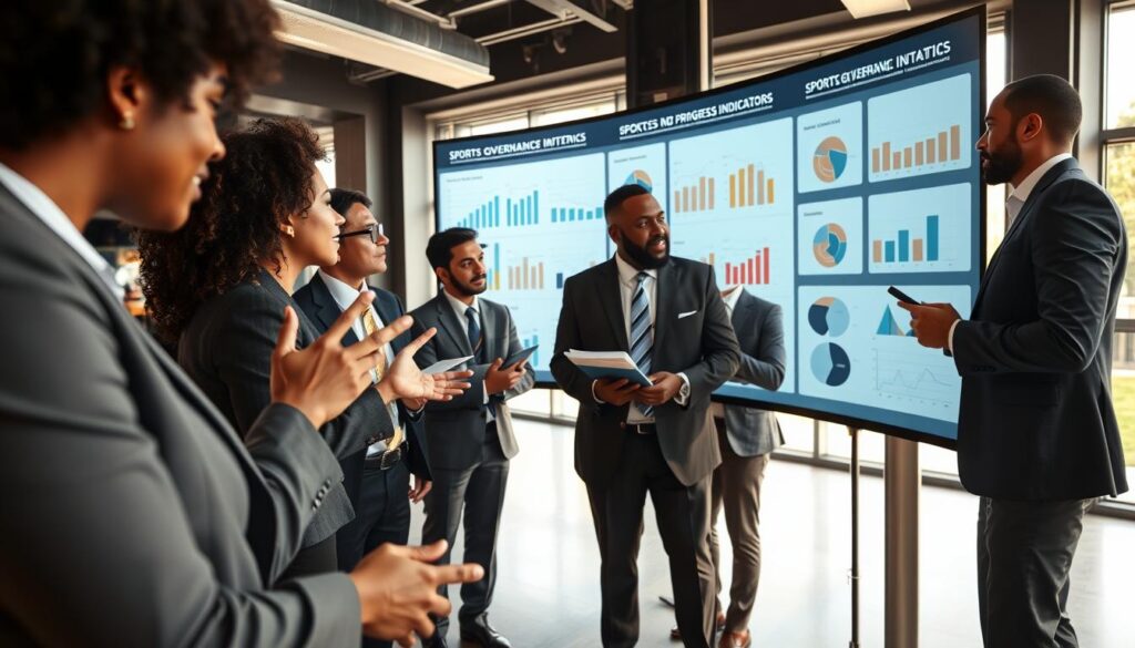 A dynamic scene depicting a group of diverse professionals, dressed in formal business attire, engaged in an animated discussion around a large digital display showcasing sports governance metrics and progress indicators. In the foreground, a close-up view features a woman gesturing towards the screen, pointing out specific data, while a man takes notes attentively. The middle ground shows additional colleagues analyzing charts and graphs, reflecting collaboration and focus. The background features a modern office space with large windows allowing natural light to illuminate the scene, casting a warm glow. The atmosphere is one of determination and professionalism, emphasizing the importance of monitoring progress in sports governance through a community advocacy lens. Capture this moment from a slightly angled perspective to enhance depth.