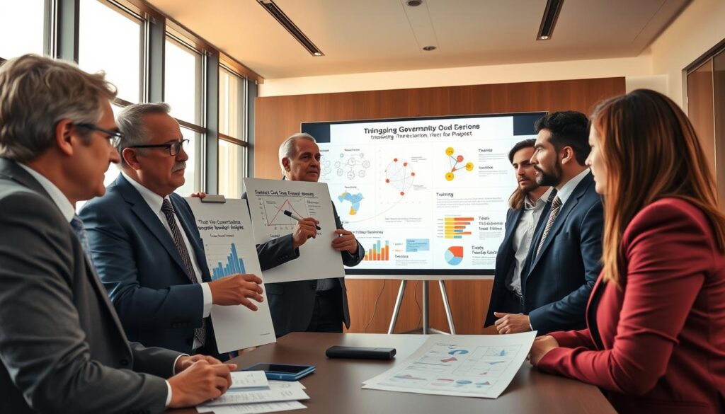 A dynamic training session focused on sports governance, illustrating barriers to effective leadership. In the foreground, a diverse group of five individuals in professional business attire are engaged in a discussion, expressing frustration and determination. One participant holds a whiteboard marker, pointing at a challenging graph that represents governance hurdles. In the middle ground, a large screen displays diagrams and charts showcasing tools for transparency. The background features a modern conference room with large windows allowing natural light to pour in, casting a warm glow on the scene. The atmosphere is intense yet hopeful, conveying a sense of collaboration and problem-solving. Use a wide-angle lens to capture the full scene, highlighting engagement and focus during the training session.