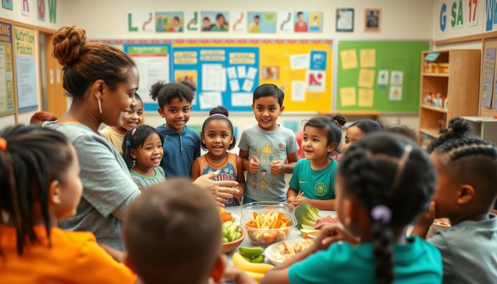A group of diverse children engaged in a lively nutrition education session, set against a vibrant, welcoming classroom backdrop. The foreground features an enthusiastic instructor demonstrating healthy food choices using visual aids and hands-on activities, fostering an interactive and engaging learning environment. The middle ground showcases the children eagerly participating, their faces alight with curiosity and understanding. The background depicts a well-equipped classroom, with posters, charts, and educational materials that reinforce the session's themes of balanced nutrition and the importance of healthy eating habits for young athletes. The overall scene conveys a sense of discovery, inspiration, and a nurturing atmosphere that supports the holistic development of youth sports participants.