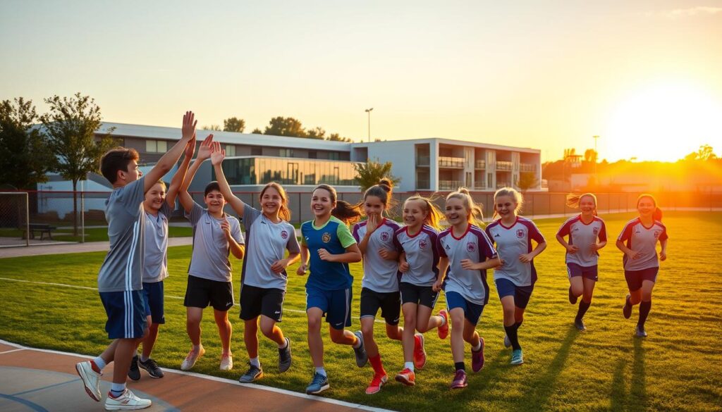A group of happy, energetic youth engaged in various sports activities, basking in the warm glow of a golden hour sunset. In the foreground, a team of young basketball players high-fiving and celebrating their success on the court, their faces alight with pride and joy. In the middle ground, a soccer team runs across a lush green field, their uniform kits vibrant against the backdrop of the setting sun. In the distance, a community sports complex comes into view, its modern architecture and well-maintained facilities a testament to the town's commitment to supporting healthy lifestyles. The scene conveys a sense of camaraderie, accomplishment, and a community that values the role of sports in cultivating lifelong healthy habits among its youth. A group of happy, energetic youth engaged in various sports activities, basking in the warm glow of a golden hour sunset. In the foreground, a team of young basketball players high-fiving and celebrating their success on the court, their faces alight with pride and joy. In the middle ground, a soccer team runs across a lush green field, their uniform kits vibrant against the backdrop of the setting sun. In the distance, a community sports complex comes into view, its modern architecture and well-maintained facilities a testament to the town's commitment to supporting healthy lifestyles. The scene conveys a sense of camaraderie, accomplishment, and a community that values the role of sports in cultivating lifelong healthy habits among its youth.