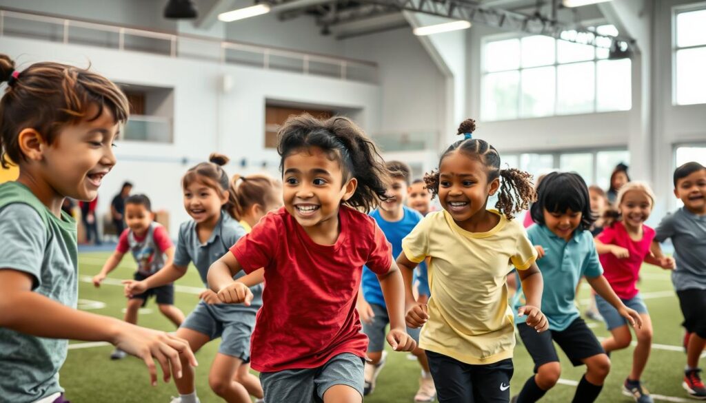 A lively, action-packed scene of young athletes engaged in various innovative sports programs. In the foreground, a group of diverse children enthusiastically participate in a dynamic team sport, their expressions full of determination and joy. In the middle ground, instructors guide them through specialized training exercises, employing modern equipment and techniques. The background features a state-of-the-art sports facility, with clean lines, natural lighting, and inspiring architectural elements that foster a sense of possibility and progress. The overall atmosphere is one of youthful energy, encouraging a lifelong love of physical activity and healthy habits. A lively, action-packed scene of young athletes engaged in various innovative sports programs. In the foreground, a group of diverse children enthusiastically participate in a dynamic team sport, their expressions full of determination and joy. In the middle ground, instructors guide them through specialized training exercises, employing modern equipment and techniques. The background features a state-of-the-art sports facility, with clean lines, natural lighting, and inspiring architectural elements that foster a sense of possibility and progress. The overall atmosphere is one of youthful energy, encouraging a lifelong love of physical activity and healthy habits.