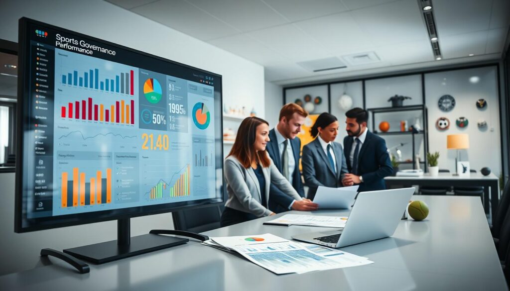 A professional and sleek workspace depicting an overview of sports governance performance metrics. In the foreground, a large digital dashboard displaying various performance indicators like bar graphs, pie charts, and KPI summaries. The middle ground features a group of diverse professionals in business attire, collaboratively discussing strategies with a laptop and printed data reports on the table. The background showcases a well-lit office with sports memorabilia subtly integrated, symbolizing community sports. Soft diffused lighting creates an inviting atmosphere, while a slightly elevated perspective captures the dynamics of teamwork. The mood is focused and productive, emphasizing accountability and responsibility in sports governance.