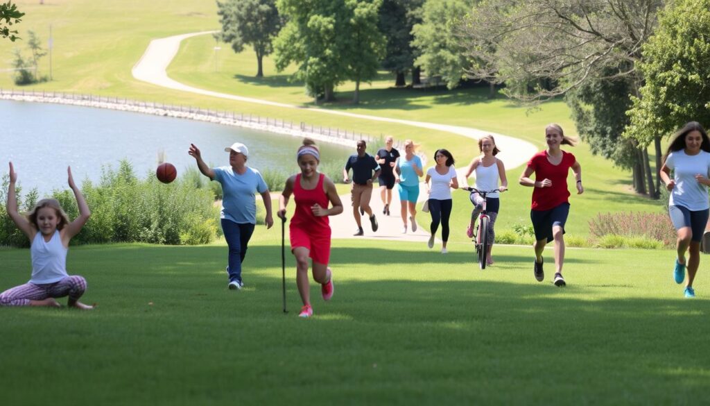 A serene outdoor scene with a diverse group of individuals engaged in a variety of physical activities. In the foreground, a child practicing yoga poses, an elder walking with a cane, and a teenager playing catch. In the middle ground, a group of friends playing basketball, a family biking together, and a person jogging. In the background, a lush green landscape with a winding path, a sparkling lake, and a bright, natural lighting illuminating the entire scene. The mood is one of inclusivity, joy, and a lifelong commitment to physical literacy and well-being.