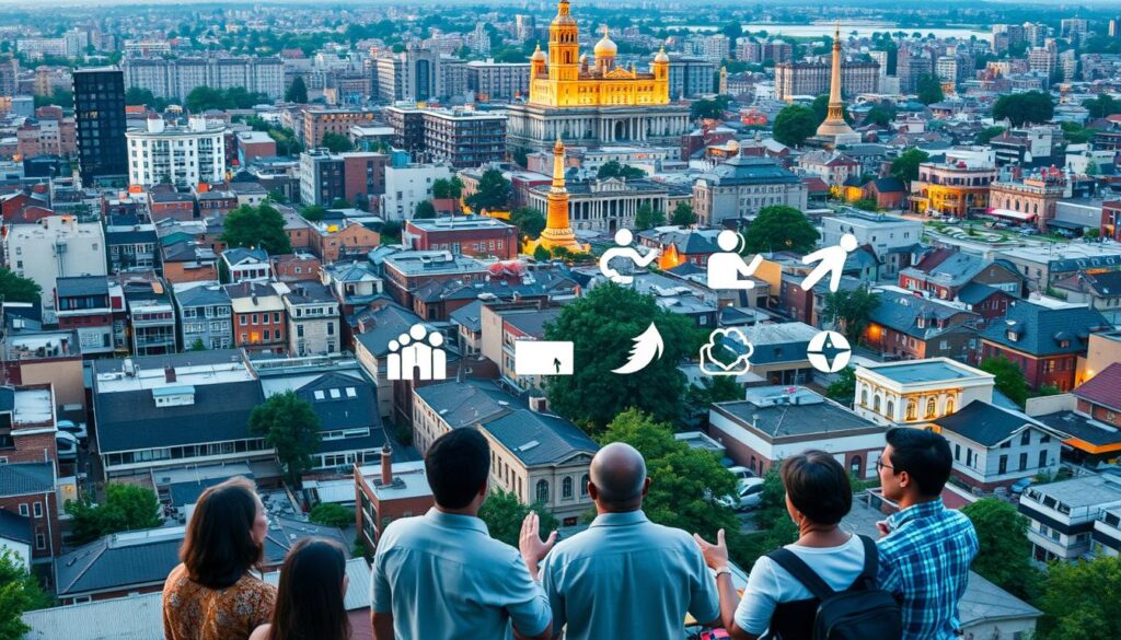 A sprawling cityscape with diverse architectural styles, bustling with activity. In the foreground, a group of community members discussing funding models, gesturing animatedly. In the middle ground, various government and non-profit organizations represented by minimalist icons or symbols. In the background, a tapestry of colorful murals, community gardens, and public gathering spaces, all illuminated by warm, natural lighting. The overall atmosphere conveys a sense of collaboration, innovation, and a shared vision for fostering community wellbeing.