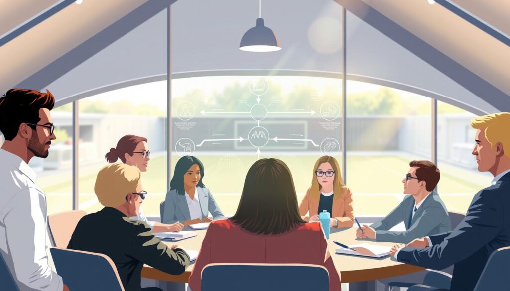 A stylized illustration of a transparent decision-making process in community sports governance. In the foreground, depict diverse professionals gathered around a round table, engaged in discussion, dressed in smart business attire. Their faces show concentration and collaboration. In the middle, visualize a transparent flowchart or diagram hovering above the table, illustrating various decision pathways and options, glowing softly. The background features a bright, airy room with large windows revealing a community sports facility outside, bathed in natural light. The atmosphere is vibrant and optimistic, symbolizing openness and clarity in leadership. Use soft lighting with a slight lens flare to enhance a feeling of positivity and engagement.