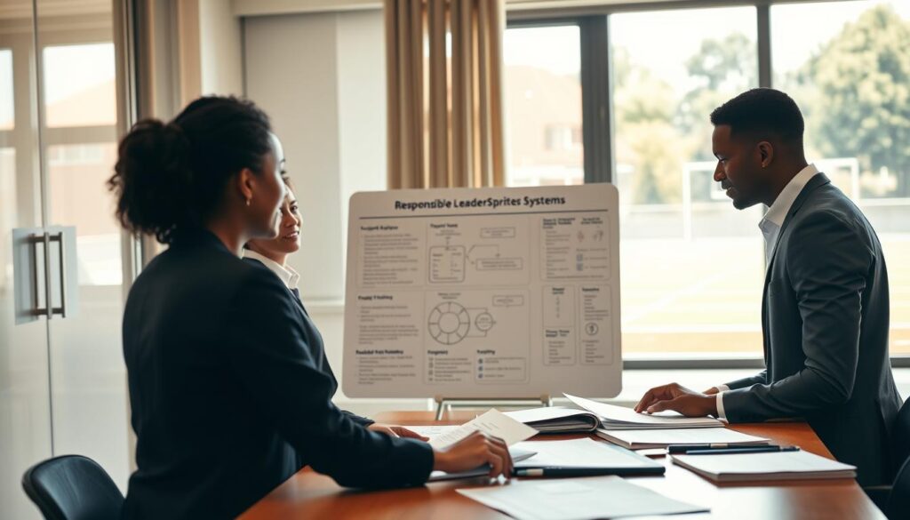 A thoughtful and professional scene depicting a responsible leadership reporting system in a community sports context. In the foreground, a diverse group of three individuals, dressed in professional business attire, are engaged in a collaborative discussion around a table filled with reports and documents. The middle of the image features a whiteboard with diagrams and flowcharts illustrating the reporting process and accountability measures. In the background, a large window reveals a sunny sports field, symbolizing community engagement. The lighting is warm and inviting, creating an atmosphere of trust and openness. The scene is shot with a shallow depth of field, drawing focus on the engaged individuals while softly blurring the background, enhancing the professional and responsible ambiance of the setting.