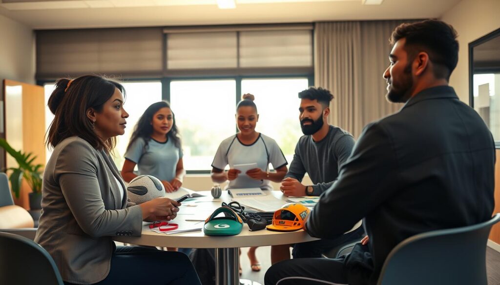 A vibrant scene depicting a diverse group of individuals engaged in a mentoring session focused on leadership in sports. In the foreground, a middle-aged Black woman in professional attire provides guidance to a young Latina woman and a South Asian man, both attentively listening and taking notes. In the middle ground, a round table is cluttered with sports gear, charts, and mentorship resources, illustrating a dynamic interactive environment. The background features a large window showcasing a sunny day, casting a bright, warm light over the scene, creating an atmosphere of hope and collaboration. The image should convey a sense of community and empowerment in sports leadership training, with an emphasis on diversity and inclusion.
