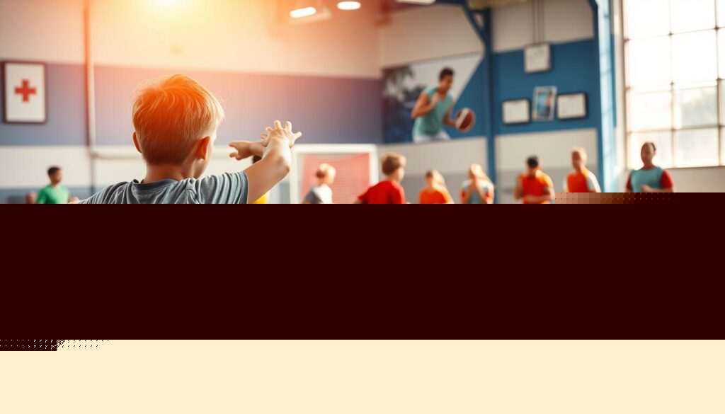 A vibrant scene showcasing youth sports injury prevention strategies. In the foreground, a young athlete performs stretching exercises under the watchful eye of a coach, highlighting the importance of proper warm-up and conditioning. In the middle ground, a team engages in drills designed to build agility and reaction time, mitigating the risk of collisions and sprains. The background features a well-equipped sports medicine facility, conveying the availability of advanced treatment and rehabilitation resources. Warm, natural lighting bathes the scene, creating a reassuring and motivational atmosphere. The overall composition emphasizes the collaborative effort between athletes, coaches, and medical professionals to ensure a safe and enjoyable sports experience.