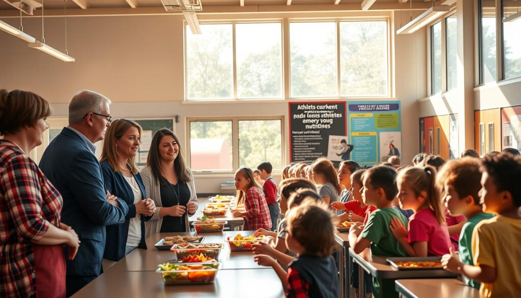 A vibrant school cafeteria scene illuminated by warm, natural lighting from large windows. In the foreground, a team of nutrition professionals converse with teachers and administrators, discussing menu options and collaboration strategies. In the middle ground, students enthusiastically line up to receive their meals, eagerly eyeing the nutritious and colorful selection. The background showcases informative displays and posters highlighting the school's commitment to healthy eating and athletic performance. The overall atmosphere exudes a sense of partnership, community, and a shared vision for fueling young athletes.