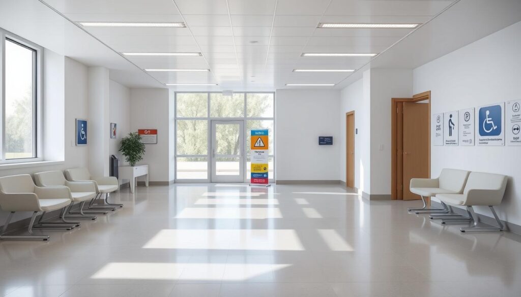 A well-lit, spacious room with clean, minimalist design showcasing safety principles. The foreground features ergonomic furniture and fixtures with rounded edges, strategic lighting, and clear walkways. The middle ground depicts signage and wayfinding elements with high-contrast colors and universal symbols for accessibility. In the background, large windows provide natural light and a connection to the outdoors, while architectural details like wide doorways and smooth surfaces prioritize universal design. The overall atmosphere evokes a sense of calm, order, and consideration for diverse user needs.