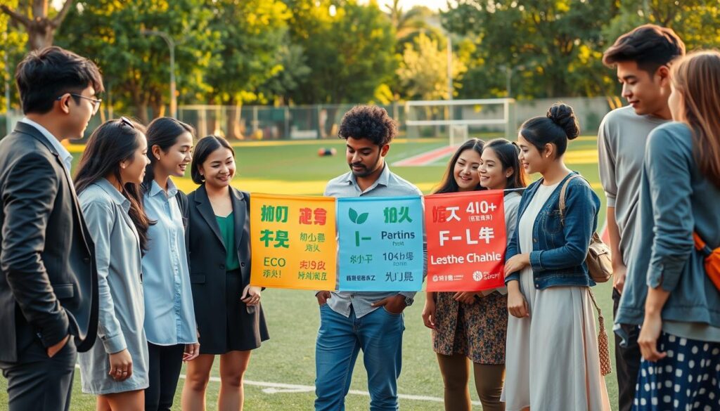 A diverse group of young individuals engaged in a community sustainability project, centered on an outdoor sports field. In the foreground, a multicultural team of youths, wearing professional business attire and modest casual clothing, is collaborating enthusiastically, discussing eco-friendly designs. In the middle ground, colorful banners displaying multilingual sustainability slogans flutter in the breeze, and eco-friendly materials are scattered around. The background showcases a vibrant green park filled with trees and sports facilities, bathed in warm, late afternoon sunlight. A low-angle perspective captures their energy and dedication, while the atmosphere is filled with a sense of unity and purpose, emphasizing inclusivity and teamwork in environmental initiatives.