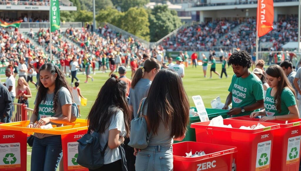 A vibrant scene at a bustling sports event showcasing youth green teams actively managing zero-waste stations. In the foreground, diverse young adults in modest casual clothing are sorting recyclable materials at colorful, well-labeled bins, with bright signage promoting recycling and composting. The middle ground features large groups of spectators enjoying the event, with zero-waste station volunteers engaging visitors and explaining the process. In the background, a lively sports field is alive with action, and banners promoting sustainability flap gently in the wind. Use natural daylight to create a warm, inviting atmosphere, with a slight depth of field focusing on the volunteers, capturing the community spirit and commitment to sustainability in a dynamic and energetic setting.