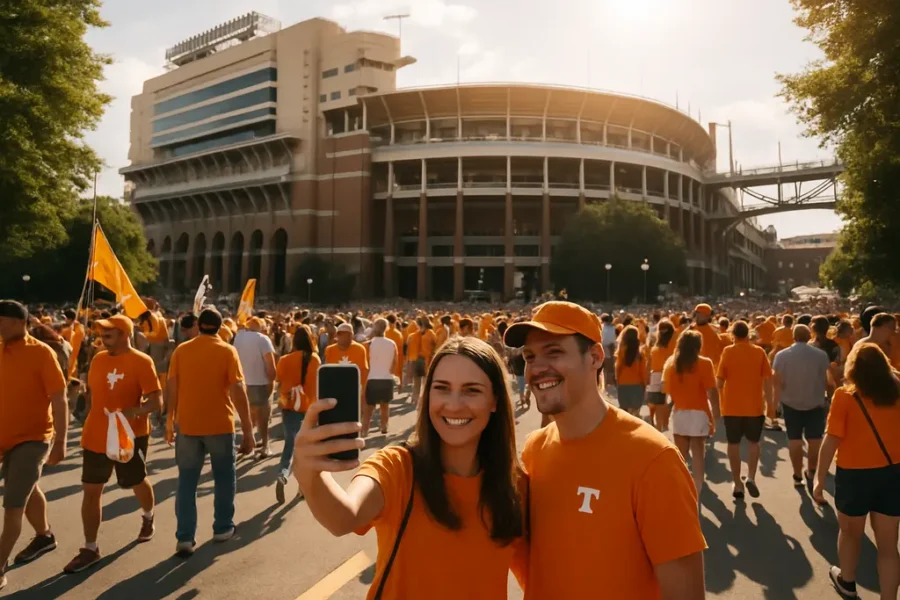 Neyland Stadium tourism area with fans walking near a riverfront stadium district