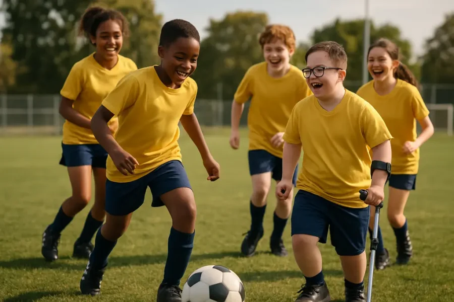 Inclusive youth soccer players training on a community field with coaches nearby