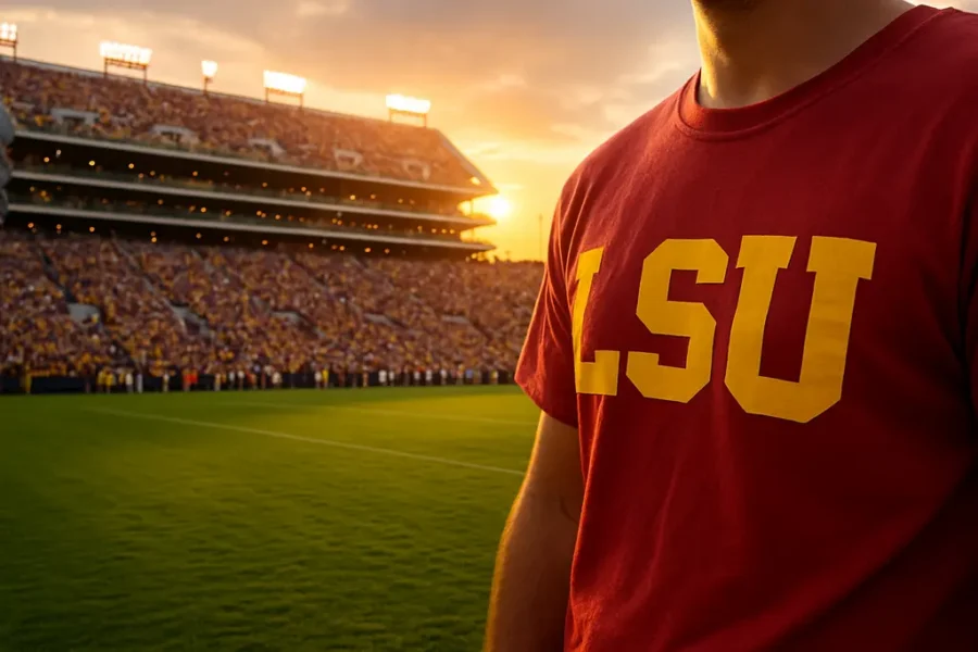 LSU North End Zone video board and lights during a college football game