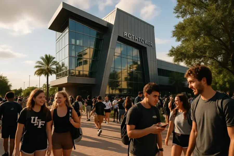 UCF Travel Planning scene outside Acrisure Bounce House with fans walking near shaded stadium gates