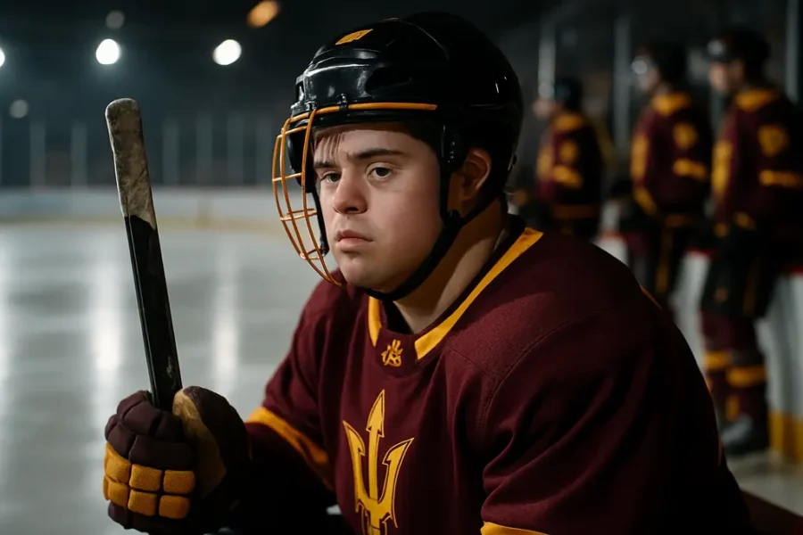 ASU Hockey Development practice with college players listening near the boards