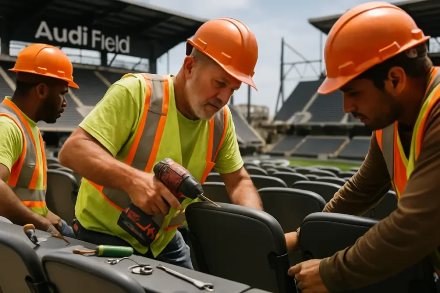 Audi Field Upgrades concept with stadium seating, roof structure, and nearby housing