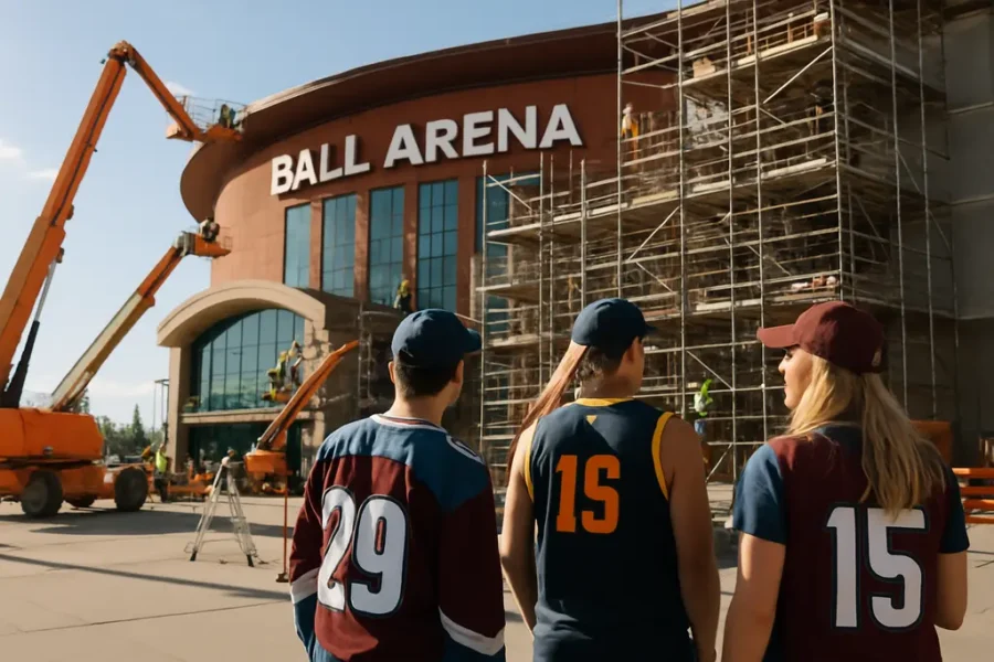 Ball Arena Renovation scene with fans approaching a modern Denver arena entrance