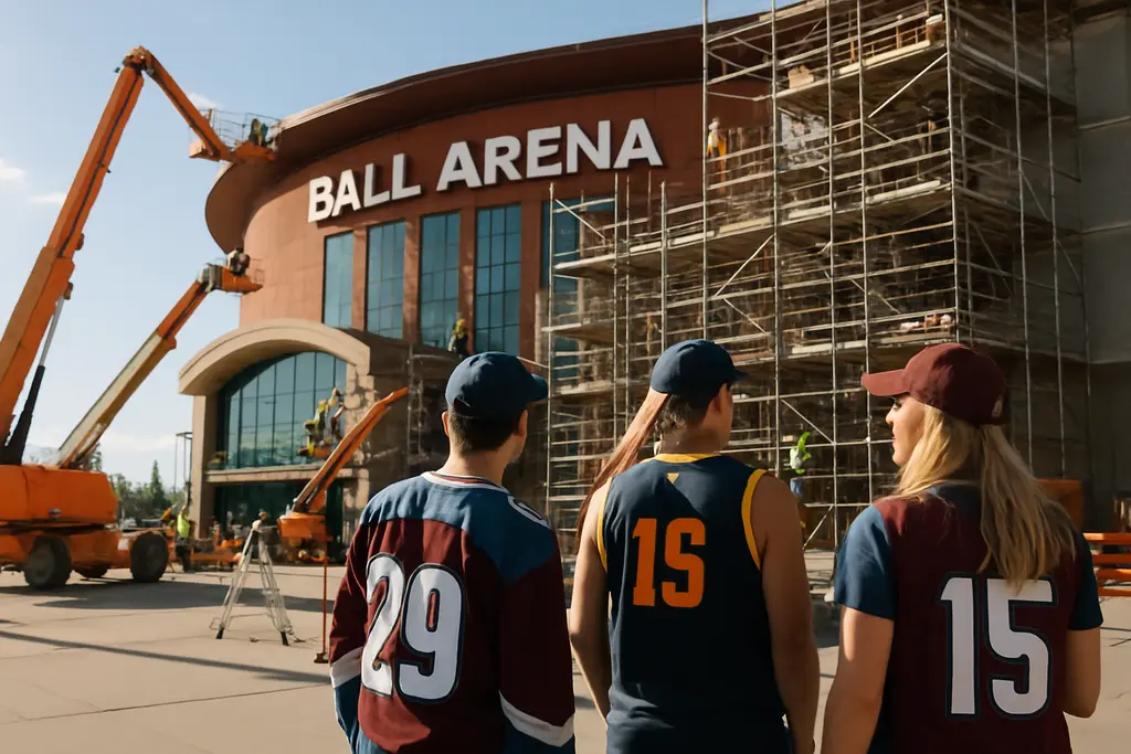 Ball Arena Renovation scene with fans approaching a modern Denver arena entrance