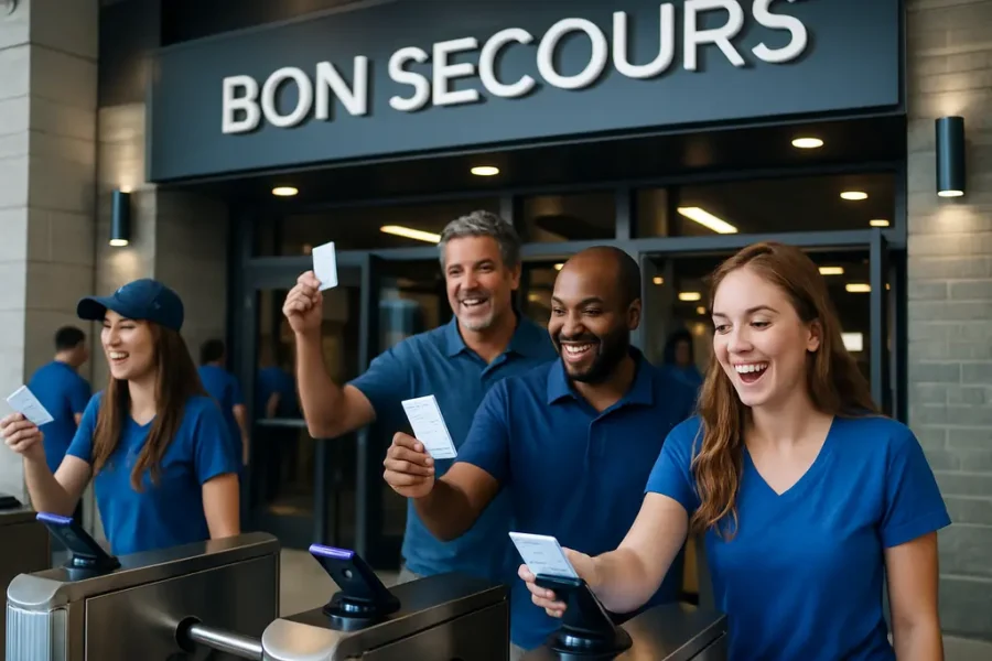Bon Secours upgrades at an arena entrance with fans arriving before an event