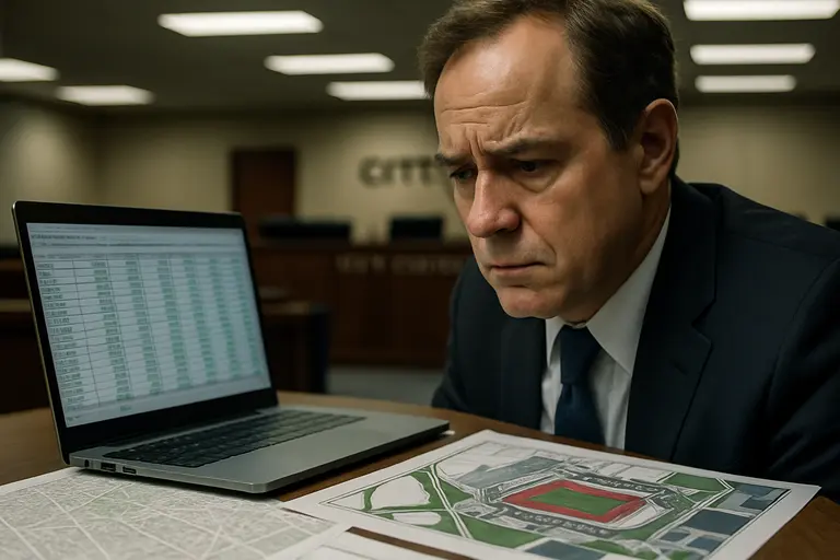Budget documents and stadium drawings spread across a meeting table