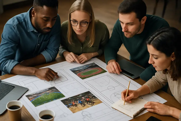 City planners discussing transport routes and event schedules around a table